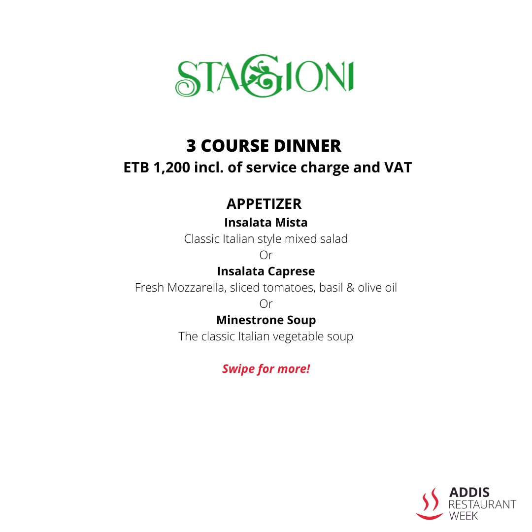 addisrw2022's tweet photo. In case you're still thinking about food...Stagioni has joined Addis Restaurant Week. check out their delicious dinner menu, and stay tuned this week for more restaurant announcements!
#AddisRestaurantWeek #AddisAbaba
#ThingsToDo #restaurant #FoodPorn #foodie #foodblogger https://t.co/TLTfxpEBNc