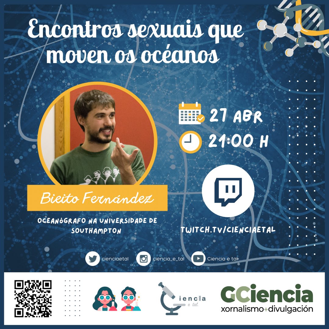 🟠 NOVO DIRECTO 🟠

O mércores pechamos tempada con <a href="/BieitoFC/">Bieito Fernández Castro</a> falando das causas e consecuencias do fenómeno de biomixing nas nosas augas.

👩🏻‍🔬 Tamén falaremos do <a href="/pintofscienceES/">Pint of Science ES</a> Galicia.

🗞 E teremos actualidade científica con <a href="/GC_GCiencia/">GCiencia</a>.

🤳 twitch.tv/cienciaetal
🕘 21:00