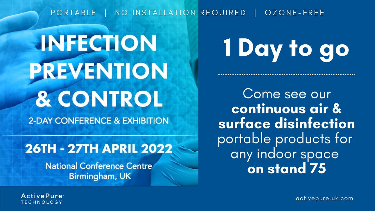 activepureuk's tweet image. Just 1 day to go until the #IPC22 tomorrow in #Birmingham. We've been looking forward to this event ever since it was announced. Come see us on stand 75 &amp;amp; find out how #ActivePure works, the science &amp;amp; how simple it is to introduce. @KnowlexUK #InfectionPreventionControl #IAQ