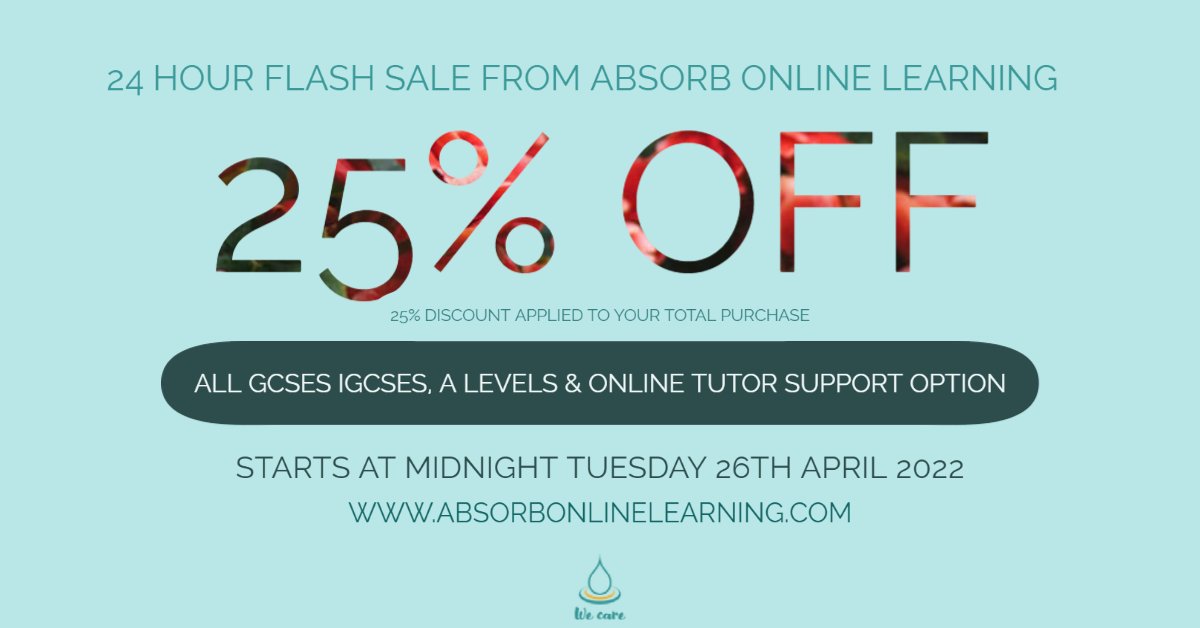 Absorb_Online's tweet photo. @Absorb_Online
👛24 HOUR FLASH SALE ON ALL GCSES, IGCSES &amp; A LEVELS👛
Starts at midnight tonight
https://t.co/VfRsFj2DVY
#onlinelearnng #homeeducation #igcses #gcses #alevels #universityentry https://t.co/KfOPTMtwDD
