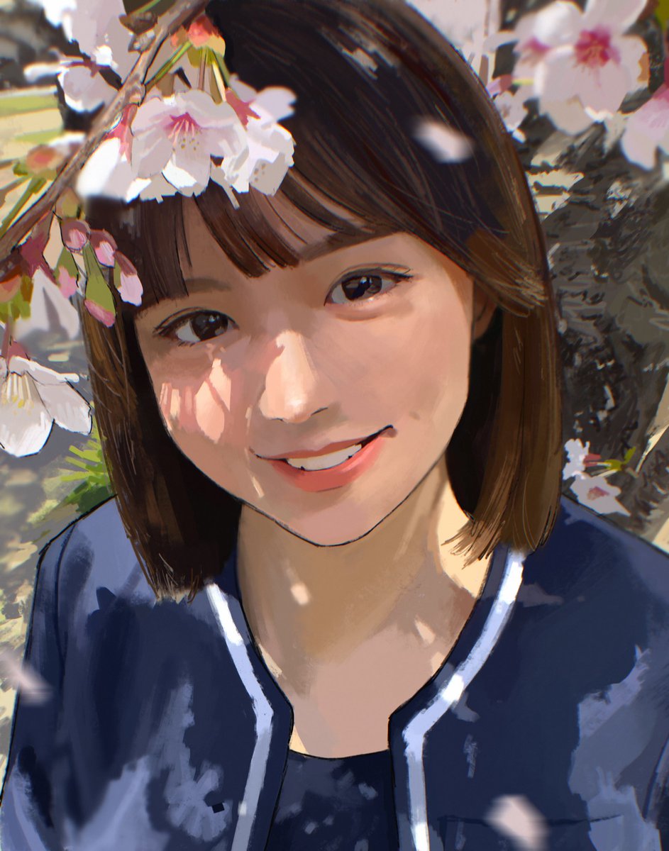 1girl solo brown hair looking at viewer smile dappled sunlight cherry blossoms  illustration images