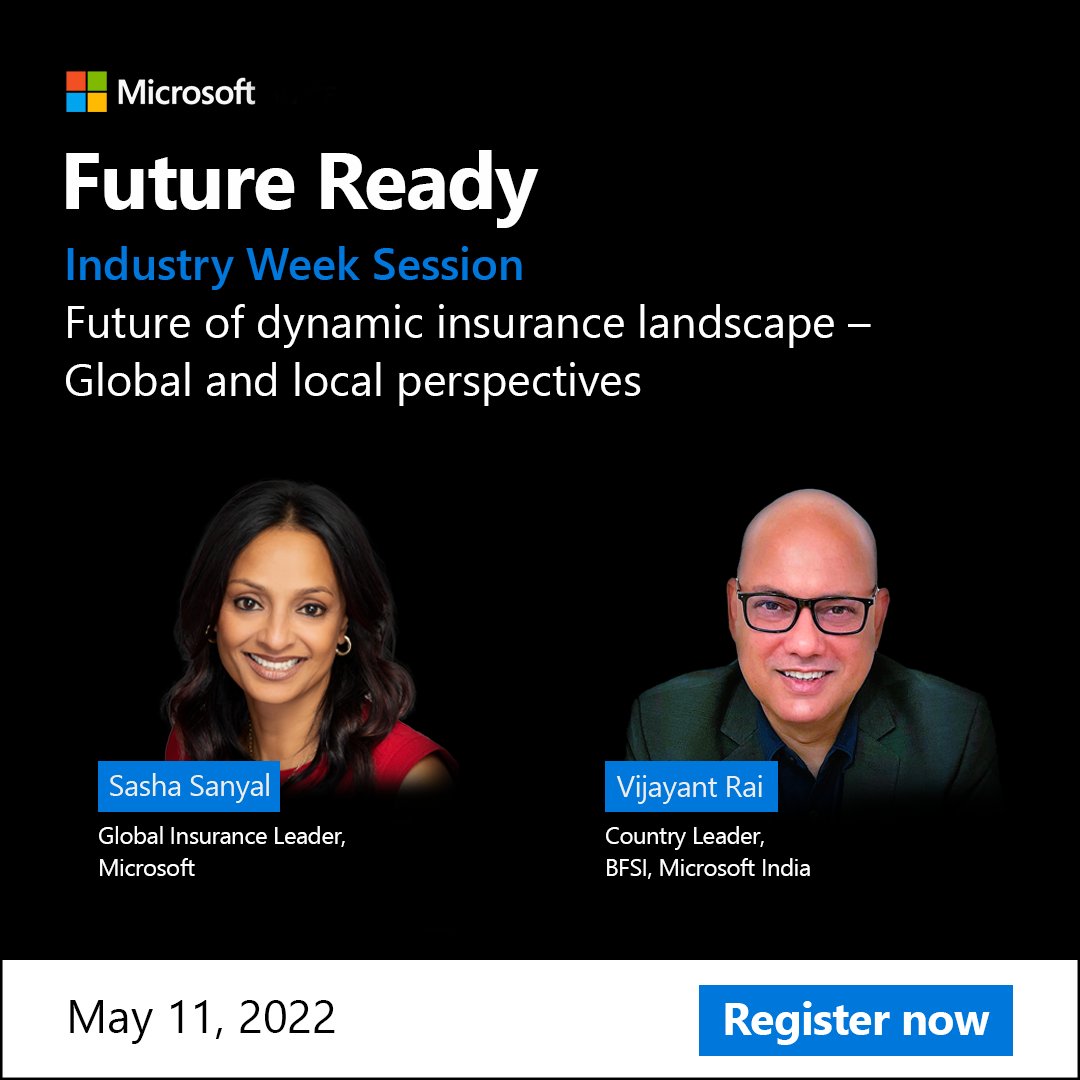 Transforming the insurance space from customer experience to risk management, and more. Catch the latest industry trends shaping #FutureReady growth in this conversation between Microsoft’s Sasha Sanyal &amp; Vijayant Rai. Register today msft.it/6016wCbOQ