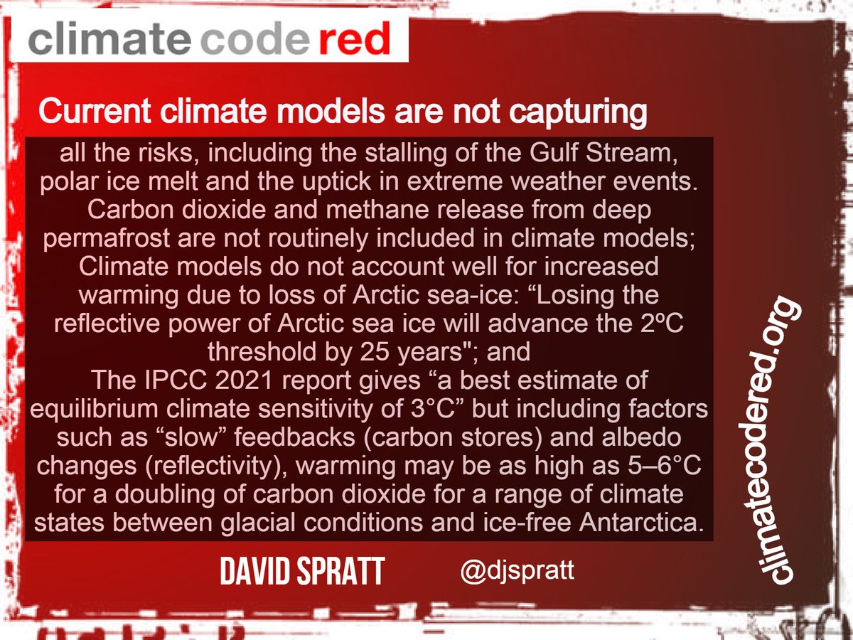 CodeRedEarth's tweet photo. Pst.. #Climate models are wrong.
They don't include C02 and CH4 release from permafrost
Don't properly account for Arctic sea ice loss
etc..
from @djspratt #ClimateCodeRed
Source: https://t.co/cjxJ0EEtRE
#ClimateEmergency #EmergencyMode https://t.co/nhkd0xzeNV