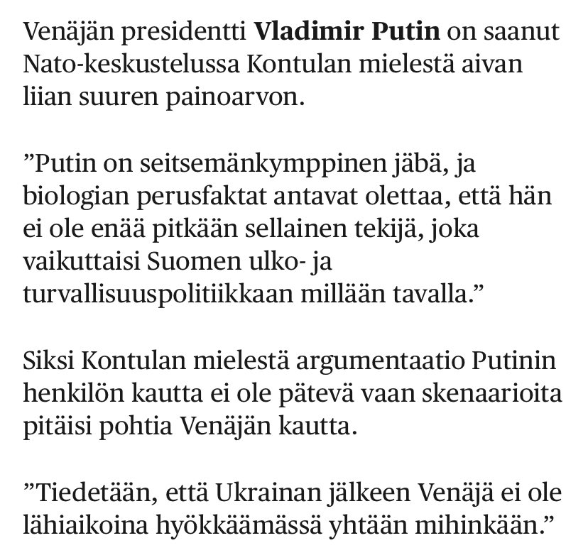 Venäjän ulkopolitiikka ei ruumiillistu pelkästään Putiniin, joten hänen lähtönsä ei välttämättä muuttaisi Venäjän linjaa millään tavalla. Se nojaa laajemmin jaettuun ideologiseen rakennelmaan, jolle voi hyvin löytyä vielä Putiniakin julmempi edustaja. 1/2

hs.fi/politiikka/art…