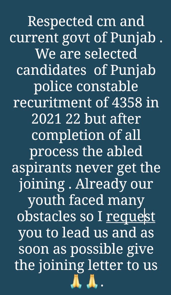 Singh_ranjeet11's tweet photo. Respected cm and current govt of Punjab
I request  you to lead us and as soon as possible give the joining letter to us🙏🙏 
#punjab_police_constable_joining
@PunjabGovtIndia 
@GurpreetDeo3 
@BhagwantMann 
@CMOPb https://t.co/uRTJblpYQn