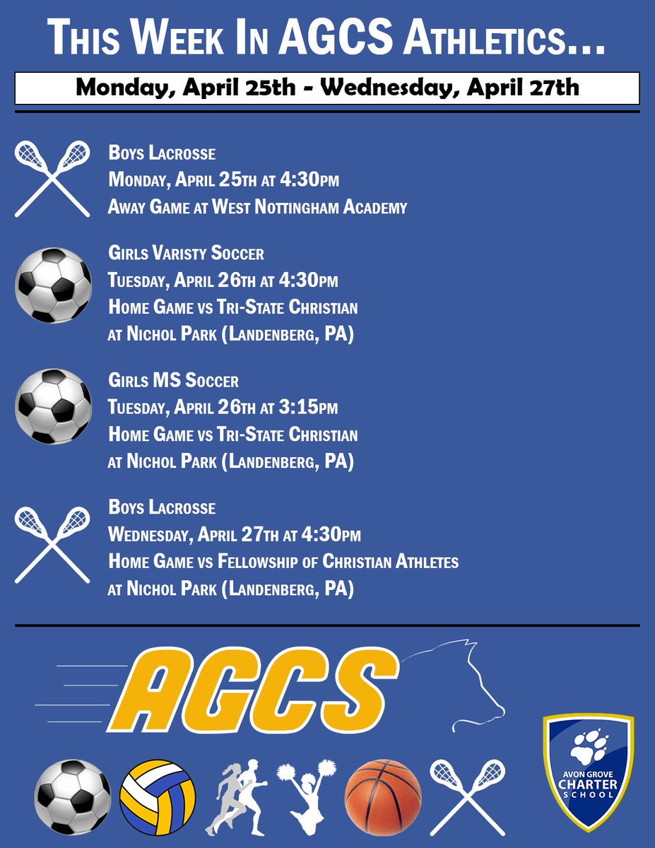 AGCharter's tweet photo. This week in AGCS Athletics, Girls Varsity Soccer has 3 Home Games, Girls MS Soccer has 2 Home Games, and Boys Lacrosse has 1 Home Game & 2 Away Games.Β Check the schedule for details and come on out and support your AGCS Wolves!
#agcharter #agcsathletics #spiritandsuccess https://t.co/jCu9qd9khx