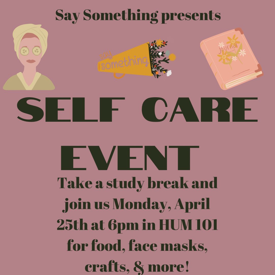 Our self care event is TONIGHT! Join us at 6pm in HUM 101 for a time of rest before finals start this week!