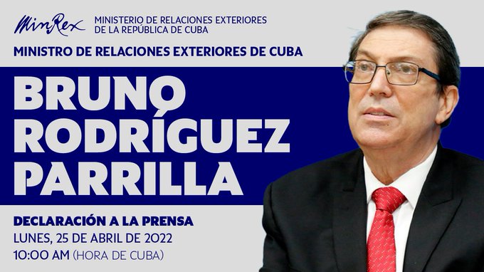 EducaJM's tweet photo. En la mañana de hoy 25 de abril el Ministro de Relaciones Exteriores, @BrunoRguezP, ofrecerá declaraciones a la prensa 🎥📸 Nacional y Extranjera, el lunes 25 de abril, a las 10 a.m. ⏰ (hora de #Cuba 🇨🇺). #CubaMided #VamosConTodo @DiazCanelB @elsa_ena https://t.co/KJvJ5eGPeJ