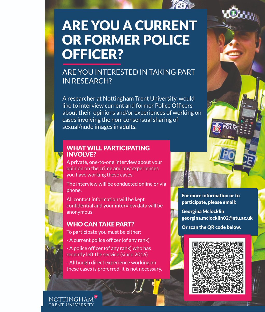 Please RT. Looking for #policeofficers to take part in an online interview about their experiences of working on cases involving the nonconsensual sharing of sexual/nude images in adults #ukpolicing #ukpolice #ThinBlueLine See poster.