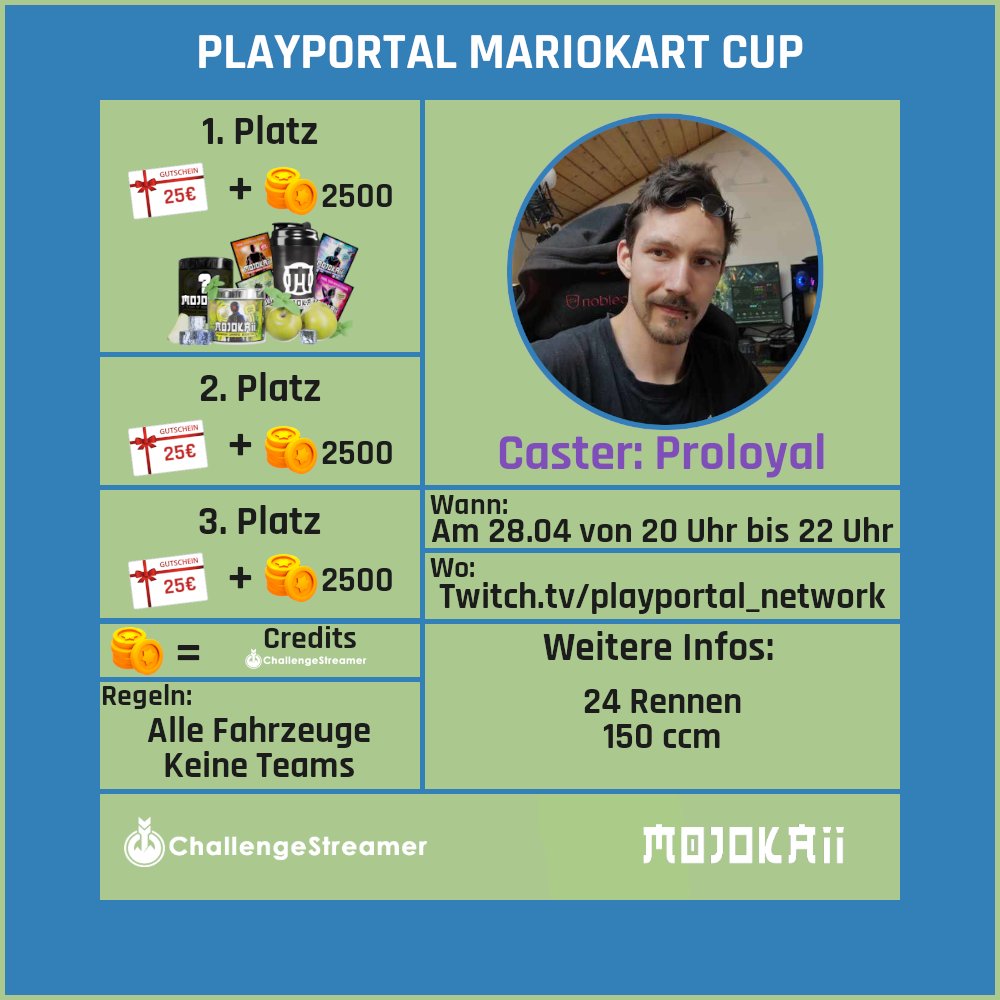 Playportal Mariokart Cup
-------------------------------
28.04.2022 von 20 bis 22 Uhr
Veranstalter: <a href="/proloyal/">Prolly</a>
Live auf: playportal.tv

Anmeldung: Playportal.eu/mariokart
-------------------------------
#twitch #twitchde #playportal #MarioKart8Deluxe