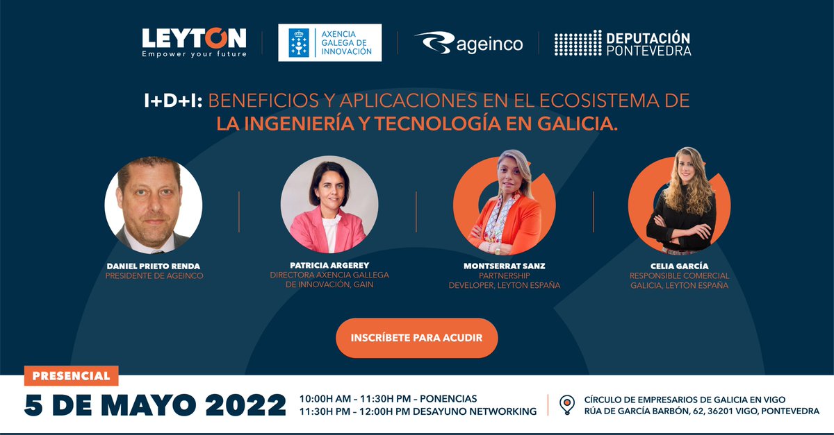 ageinco's tweet photo. #Tribuna

📅 5 de mayo 
⏰10:00- 12:00
🏙 Círculo de Empresarios de Galicia (Vigo)
📣Jornada I+D+i: Beneficios y aplicaciones en el ecosistema de la #ingeniería y #tecnología en #Galicia – 
#DesayunoNetworking. ¡Inscríbete! 
https://t.co/gZZ61pYxYw https://t.co/c8MVbu7mFX