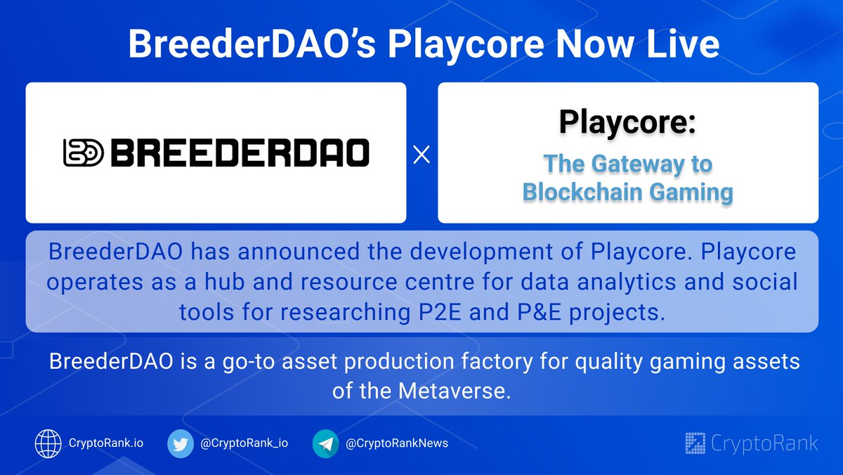 CryptoRank_io's tweet photo. ℹ️ @BreederDAO has announced the development of #Playcore. Playcore operates as a hub and resource centre for data analytics and social tools for researching #P2E and P&E projects.
👉https://t.co/YJGn8BJmLs https://t.co/o8A1C7YOZ8