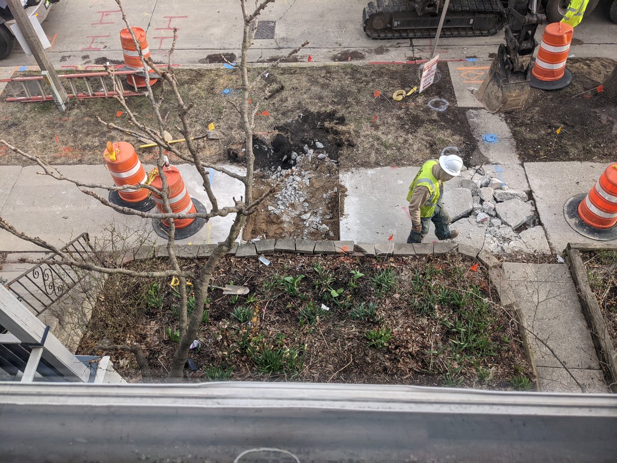 tjoosten's tweet photo. This is my front yard this morning.  They, @we_energies, are replacing the gas line.  Inches from my gas line is a #leadwater line from like 1870 that my daughter and I drink from.  And, the @cityofmilwaukee won't replace the lead water line. cc: @RobertBauman3 https://t.co/c0cEzz1iXd