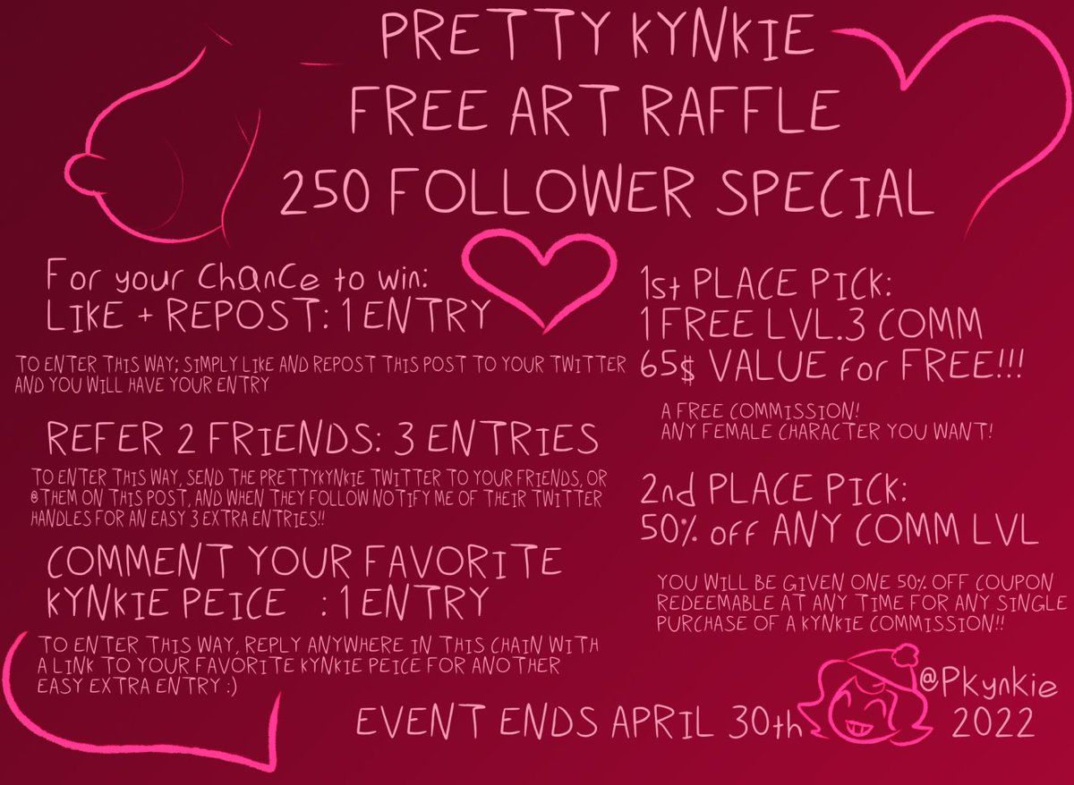 PKynkie's tweet image. 💞💞💞FREE ART RAFFLE💞💞💞
As a show of love for my beautiful Kynkie followers &amp;lt;3 The Kynkie Babes &amp;lt;3
We're doing another FREE ART GIVEAWAY
1st Place wins:
 A free LEVEL 3 COMMISION
2nd Place wins: a 50% off coupon for their next commision :)