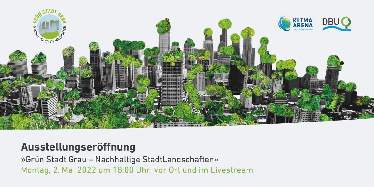 Der Countdown läuft⏳: In 7 Tagen geht die neue #DBU-Ausstellung 'GrünStadtGrau - Nachhaltige Stadtlandschaften' mit @arena_klima an den Start. Verfolgt die Ausstellungseröffnung per Livestream online. Unsere Gäste sind u.a. @OlafLies und @kkklawitter. dbu.de/550artikel3932…