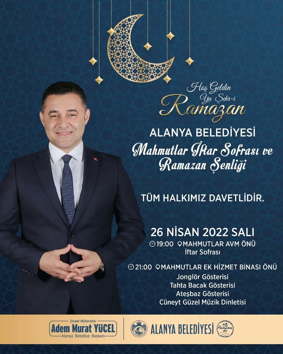 AdemMuratYucel's tweet photo. Yarın Mahmutlar Mahalle'mizde gerçekleştireceğimiz İftar Sofrası ve Ramazan Şenliği programlarımıza tüm vatandaşlarımız davetlidir.

🗓️ 26 Nisan 2022 Salı
⏰ 19:00 (İftar Sofrası)
⏰ 21:00 (Ramazan Şenliği) https://t.co/VSyGMCs6m7