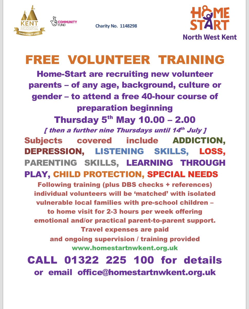 HStartnwkent's tweet photo. Itโs not too late. If your interested in becoming a volunteer for Home-Start North West Kent. Please get intouch. Our next training starts Thursday 5th May x #HomeStartUk
#KentMessenger
#DartfordCommunity
#DartfordTogether
#WeLoveDartford
#HomeStartVolunteer #Gravesham https://t.co/6O23Jah5j4