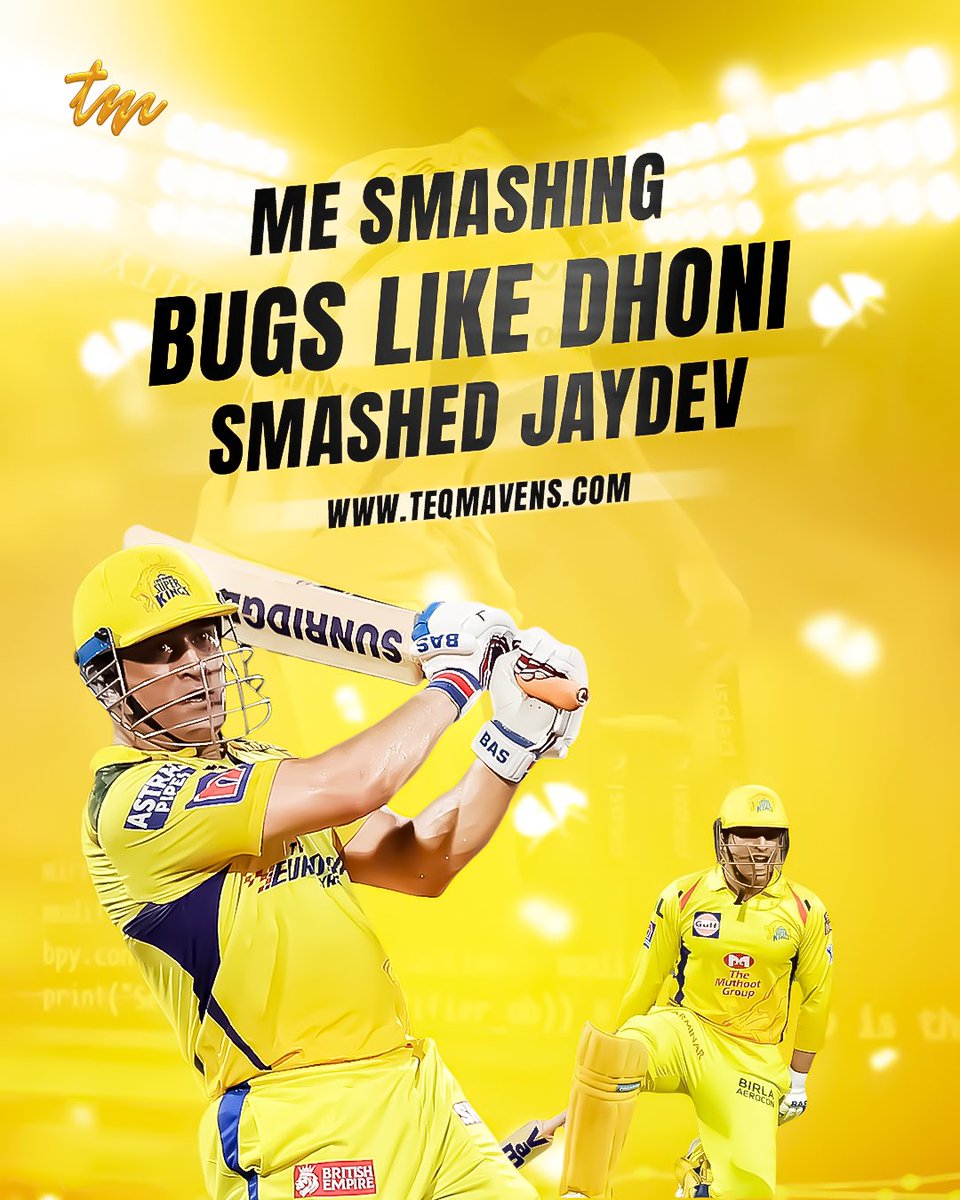 TeqMavens's tweet photo. Me smashing bugs like dhoni smashed Jaydev in the last over. 
We coders do just the same with our bugs, don’t you agree?

#cskvsmi #msdhoni #jaydev #csk #mi #ipl #codingmeme #meme #ipl2022 #dhoni #lastover #win #developmentmeme #bugsmeme https://t.co/onOUz1mgej