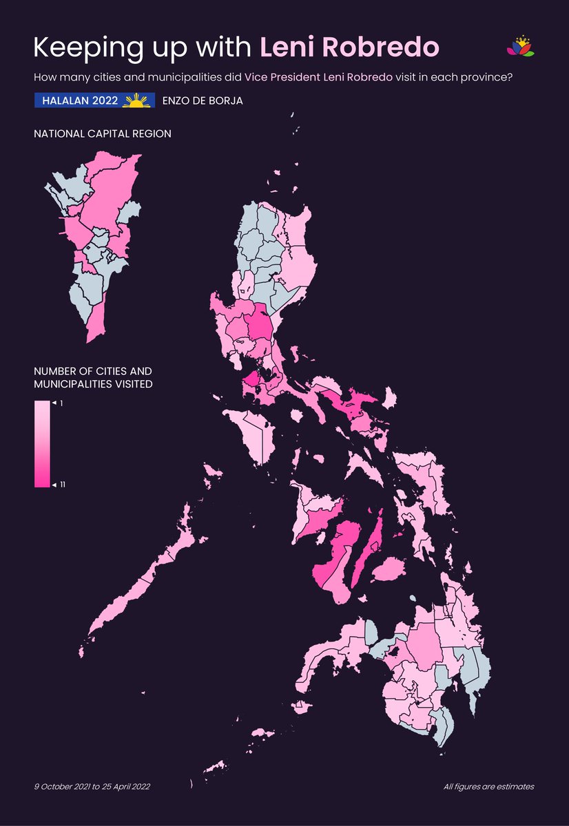 EnzoDeBorja's tweet photo. Since 9 October 2021, VP Leni Robredo has campaigned in 65/81 provinces, 98/146 cities, and 113/1,488 municipalities.

Today, Robredo visited six cities and municipalities in Nueva Ecija in an attempt to consolidate support in the province. #Halalan2022 https://t.co/JWoxKrlHrB