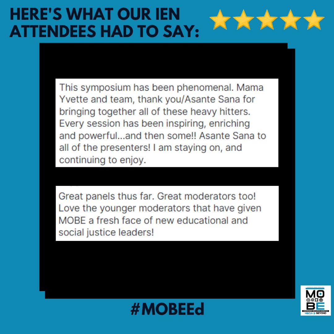 MobeSymposium's tweet photo. Your support helped us make history as we expanded the MOBE legacy with IEN. Comment below your favorite takeaway from day 1 of the conference and swipe through to find out what our attendees had to say. #MOBEEd
#MOBE30
#Whosyourrock 
#HBCU
#UnapologeticallyBlack https://t.co/4756hh06LL