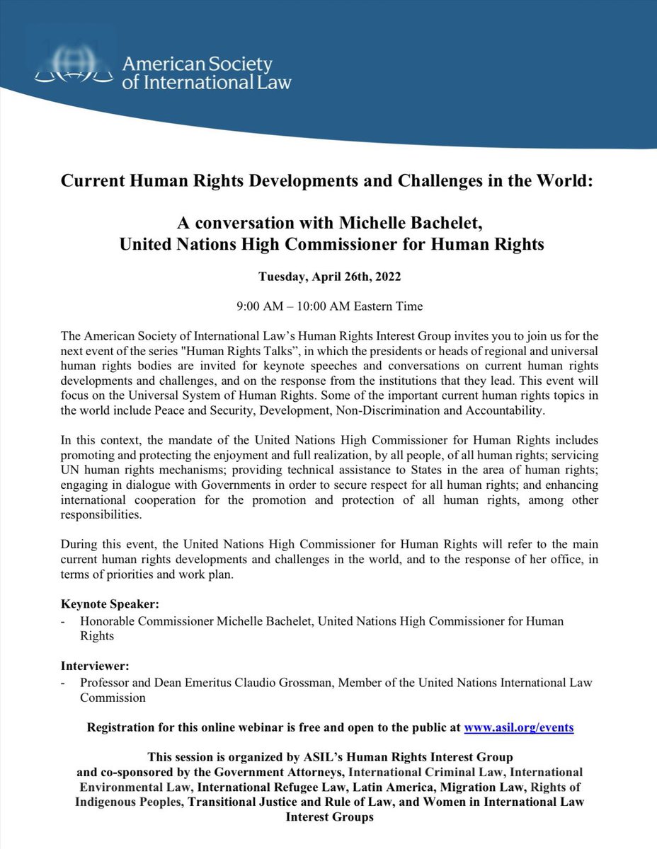tjrolig's tweet photo. Don’t miss this conversation with UN High Commissioner for HRs Michelle Bachelet @mbachelet tmrw Tues 26 April 9-10am EST - free registration &amp; open to the public. We are proud to co-sponsor this event organised by @ASILorg_HRIG ! @asilorg https://t.co/2378but5NP
