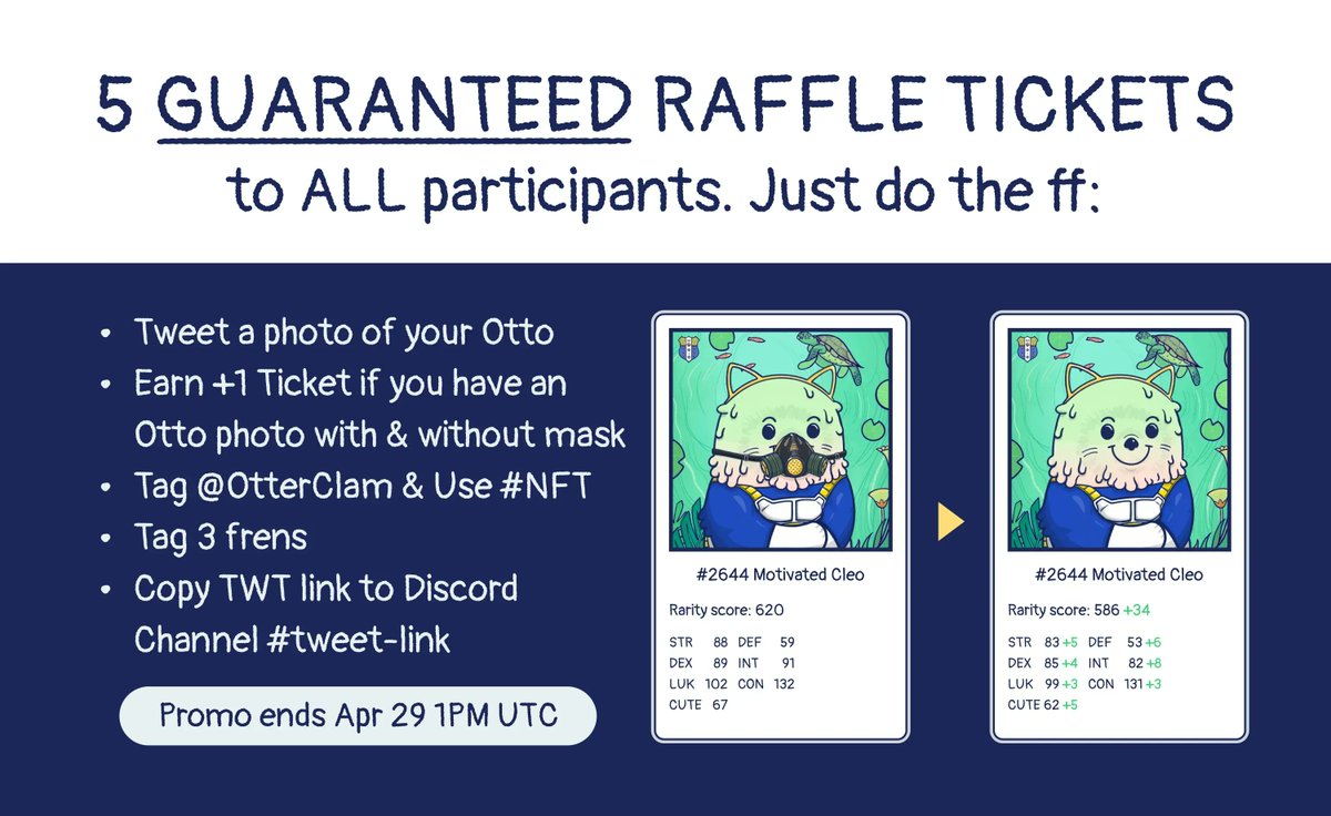 OtterClam's tweet image. To celebrate the launch of raffle tickets, Ottopians may get 5 GUARANTEED RAFFLE TICKETS by following the instructions below 👇 

Yup, ALL participants get a prize! Rejoice as we are a step closer to Ottopia 😎