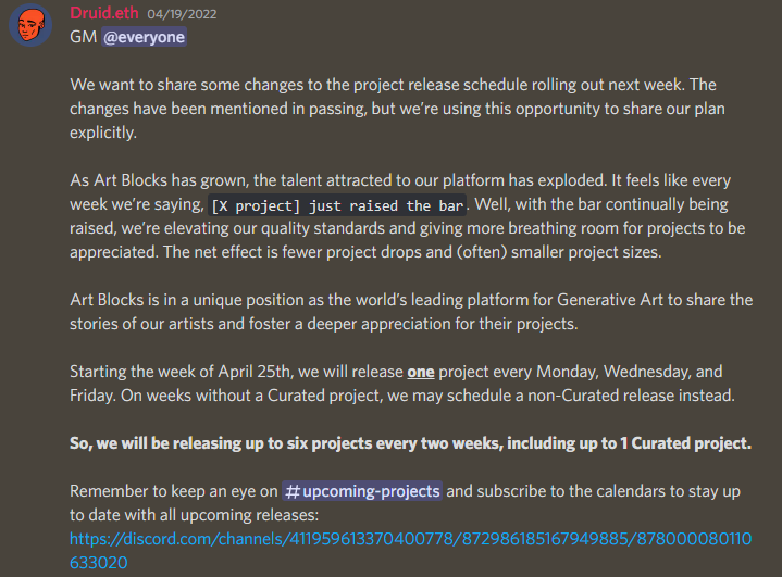 artblocks_io's tweet photo. icymi Art Blocks is rolling out a new release schedule

tldr
As we continue elevating our quality standards and giving projects more breathing room, we will have fewer (and smaller) drops

We'll be releasing up to 6 projects every two weeks, including up to 1 Curated project 👇 https://t.co/o0WJ0oTZqg