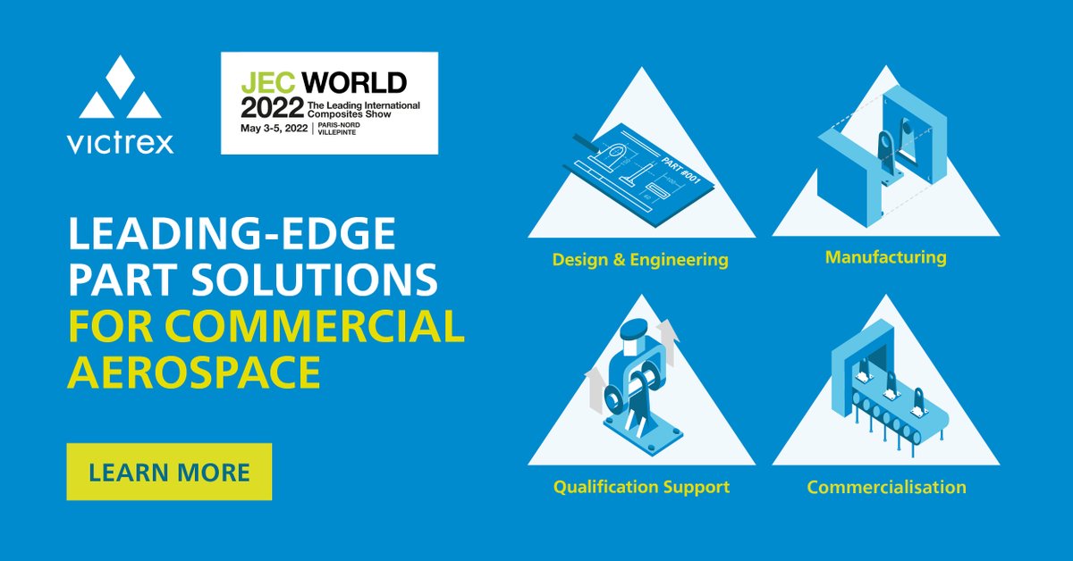 We are here to offer material and manufacturing expertise to help accelerate the commercialisation of your next aircraft component throughout the development process. Visit us at #JECWorld 2022, Hall 5a, Booth N6 to learn more ow.ly/8H6r50IMJLx #PEEK #composites