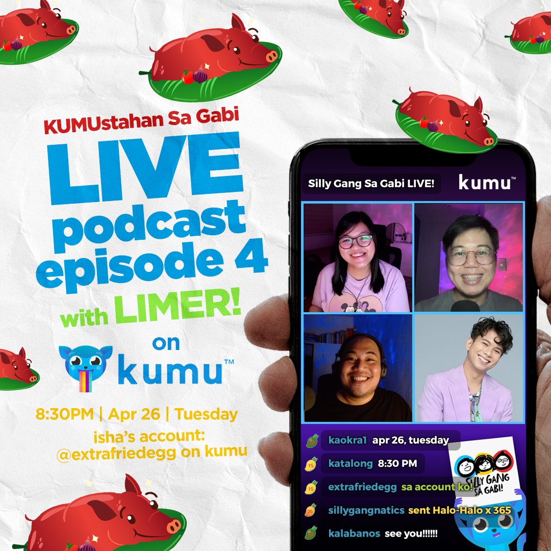 SillyGangSaGabi's tweet photo. Extra special ang ating LIVE #KumustahanSaGabi bukas dahil kasama natin ang ating kaibigang si @limerveloso! Abangan bukas, April 26, sa Kumu account ni Isha na @extrafriedegg, 830PM! Kita-kits!
#SillyGangSaGabi https://t.co/OOGcfKxKom