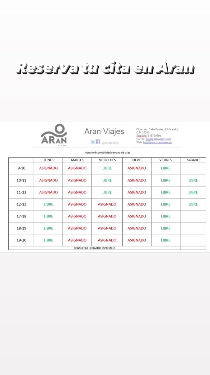 aranviajes's tweet photo. Actualizamos las citas disponibles para esta semana en @aranviajes 
Reserva tu visita, asegura atención personalizada, tu tiempo es oro. https://t.co/SZD8F0PPzc