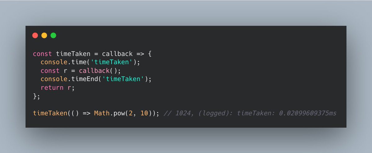 FrontendHacks's tweet image. This snippet can be used to find out the time it takes to execute a function. #javascript #snippets #frontend #dev