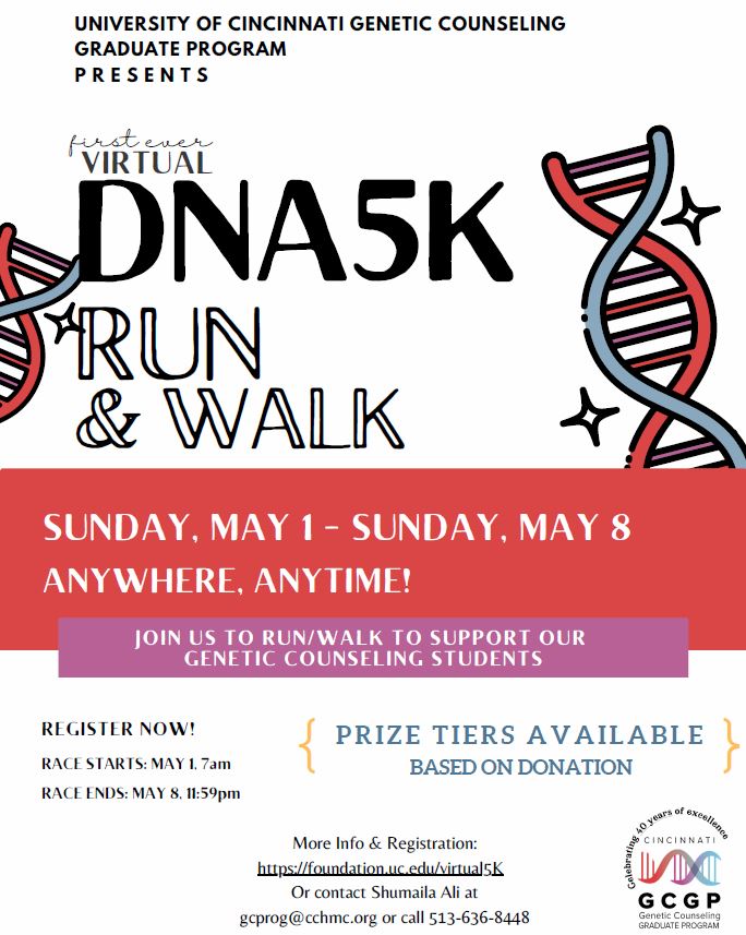 Join us for a virtual 5K to support GC student scholarships and professional development! This year, we have been offered a 2:1 match--help us reach our goal of $10k! Sign up: foundation.uc.edu/virtual5K @CincyKidsGenomX