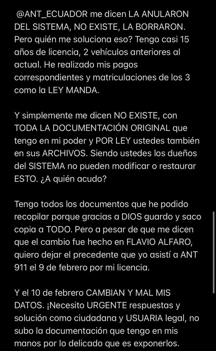 Glendavero07's tweet photo. 📍URGENTE lo que ocurre c/mis datos y propiedades en sistema informático de @ANT_ECUADOR @acastropiedra NADIE SOLUCIONA @LassoGuillermo @ATMGuayaquil @ATM_Transito @EcuavisaInforma @Expresoec @MinTransporteCo @PoliciaEcuador @FiscaliaEcuador @dayannamonroy https://t.co/UV9eCs9XrA