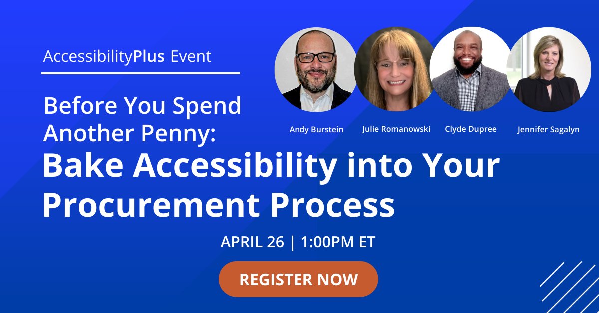 accessibility00's tweet photo. We have an awesome event planned for you tomorrow! Join us at 1 PM EDT to learn how to bake #accessibility into your procurement processes.
Register Here: https://t.co/RAeAZYIIIb
#accessibilityforall #accessibilitycheck #accessibilityawareness #accessibilityplus2022 https://t.co/vE91EC246O