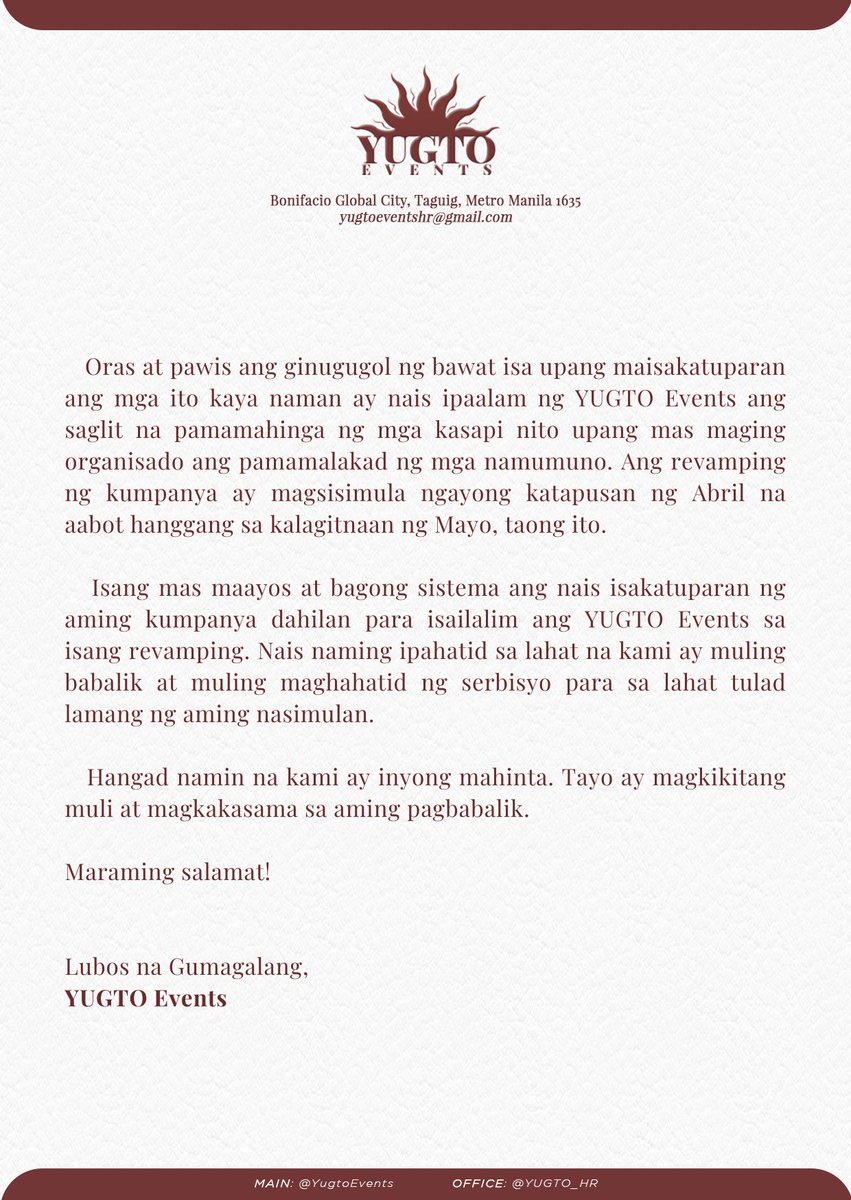 YugtoEvents's tweet photo. ͏͏͏͏͏͏ ͏͏͏͏͏͏ㅤ

ANNUNSYO PARA SA PUBLIKO: Pansamantalang
pagtigil ng operasyon ng YUGTO Events

Pagbati mula sa aming kinauukulan! 

Ang YUGTO Events ay sasailalim sa panandaliang 
revamping. Para sa mga karagdagang impormasyon,
basahin ang sulat sa ibaba. Salamat!

 ͏͏͏͏͏͏ㅤㅤ https://t.co/48MWkpmm59