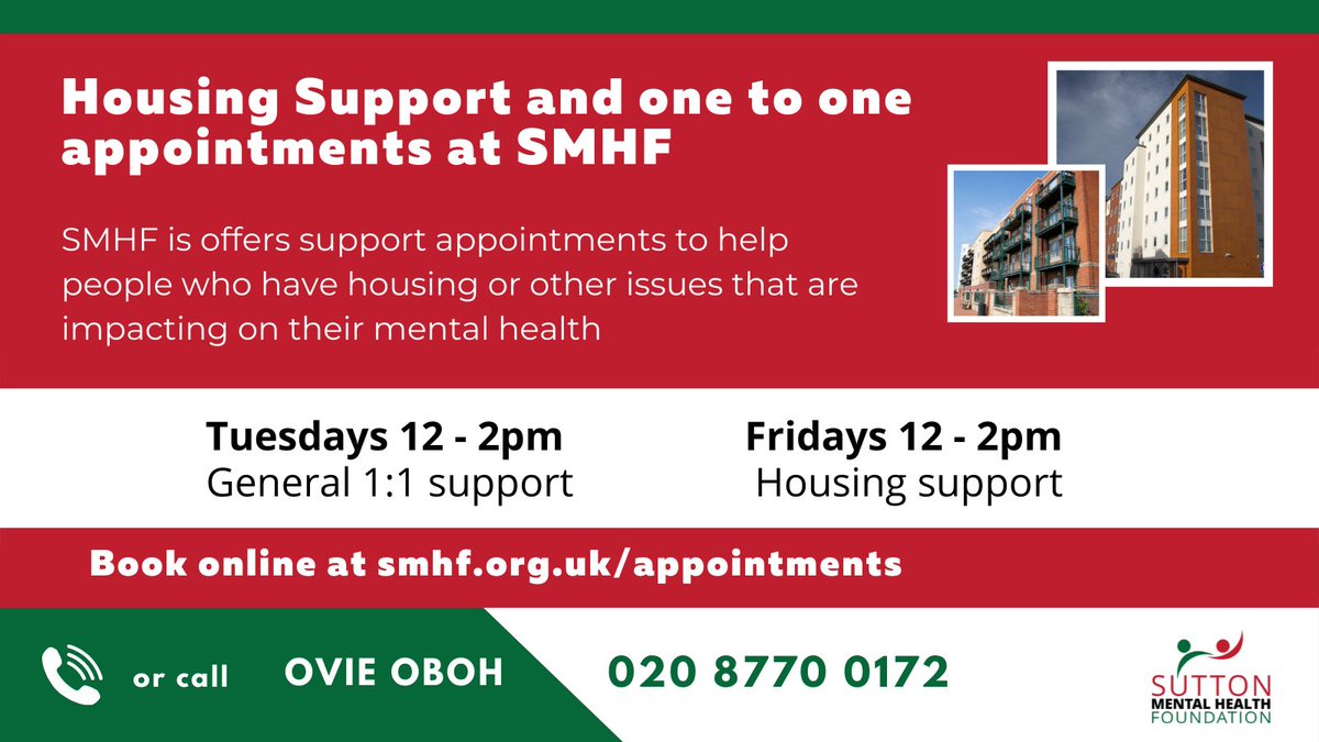 SuttonMHF's tweet photo. We now offer #onetoonesupport & #HousingSupport at #SMHF
๐
Tuesdays 12-2PM (general 1:1 support)
๐
Fridays 12 - 2PM (Housing Support)
**Booking Required** - with Ovie Oboh
๐020 8770 0172
๐ปhttps://t.co/cXBmV5Z1Xz
#Housing #Support #Sutton #smhf https://t.co/B64SLQabzg