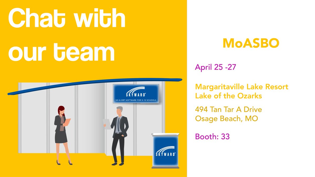 Skyward_Inc's tweet image. The @moasbo 2022 Spring Conference is here, and our team is in Osage Beach, Missouri, to help get things started! 🤩

We'll be at booth 33 talking all things #EdTech—swing by to connect with our team!

#MoASBO #K12 #SIS #ERP