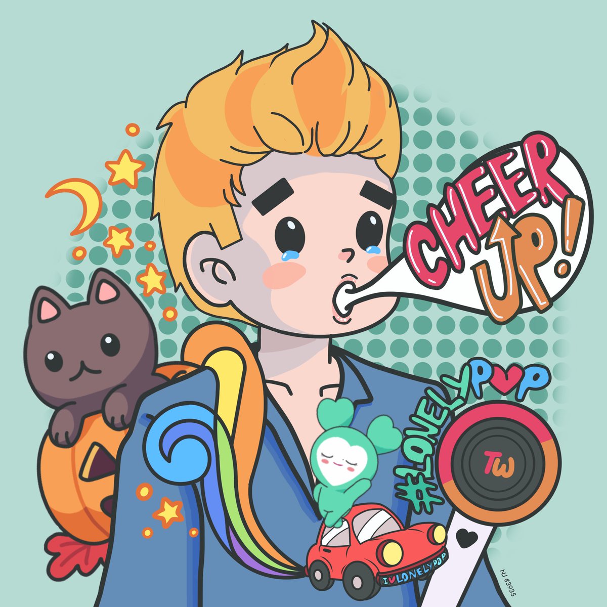 _njdg's tweet photo. TWICE, my bias Mina, my cat Stormi, Halloween Season, starry night &amp; road trips are some of the things that cheer me up &amp; have helped me to feel less lonely. 🥹🍭

#LonelyPopFanArt @LonelyPopNFT @BushRobins @0xstudio #lonelytogether https://t.co/sa7LKnOjJX