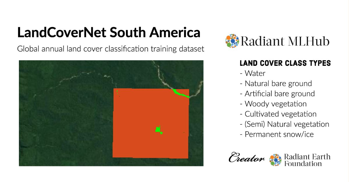OurRadiantEarth's tweet photo. 🎉 We're excited to announce the release of LandCoverNet South America, a human-labeled #landcover classification #trainingdataset for the region.🌎
Now available for download on #RadiantMLHub
🔗https://t.co/VH65bzvdBA https://t.co/hbW7h03hpN