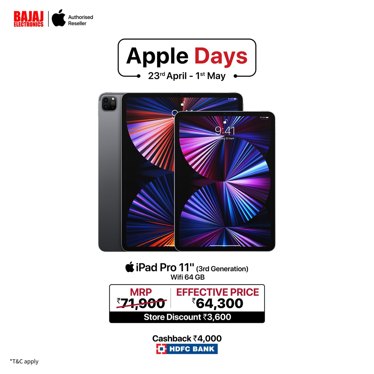 The most awaited 'Apple Days' sale is live now! #Unbelievabledeals on your favourite #AppleIpads and #Macbooks with special offers that you can't resist.  
Head over to the nearest #BajajElectronics store. 
Offer valid till May 1st, 2022
.
.
.
#BajajElectronics #electronics