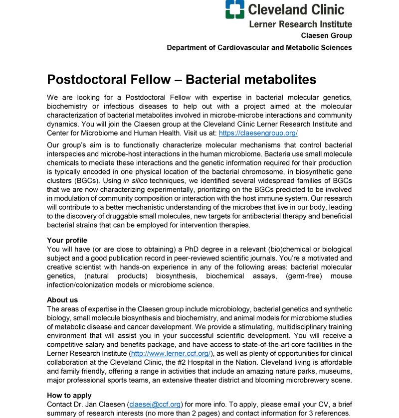 🚨 We are hiring! 🚨

Do you have a background in microbial genetics, biochemistry or infectious diseases? 🦠⚗️🤒
Join our quest for bioactive gut microbial metabolites!

Please RT or share with anyone potentially interested.

Meet our team at claesengroup.org
<a href="/CCLRI/">Cleveland Clinic Lerner Research Institute</a>