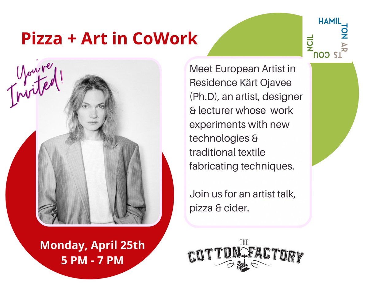 whynotannie's tweet photo. Today at 5 PM in CoWork @CottonFactoryCA we will be talking art &amp;  learning about the extraordinary technology + textile works. Want to join us, RSVP annette@coworkfactory.ca  @SurpriseHammer @dpaiarchitects @Shelley_AGH @Centre3 @iwchamilton @FactoryMediaArt @BenoyNancy https://t.co/O0GwIftrzf
