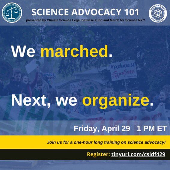 Like we chanted: every day is #EarthDay. #ScienceTwitter, let’s get organized. Join us on 4/29 at 1 PM ET for a science advocacy training @ClimSciDefense. Register ➡️ tinyurl.com/csldf429