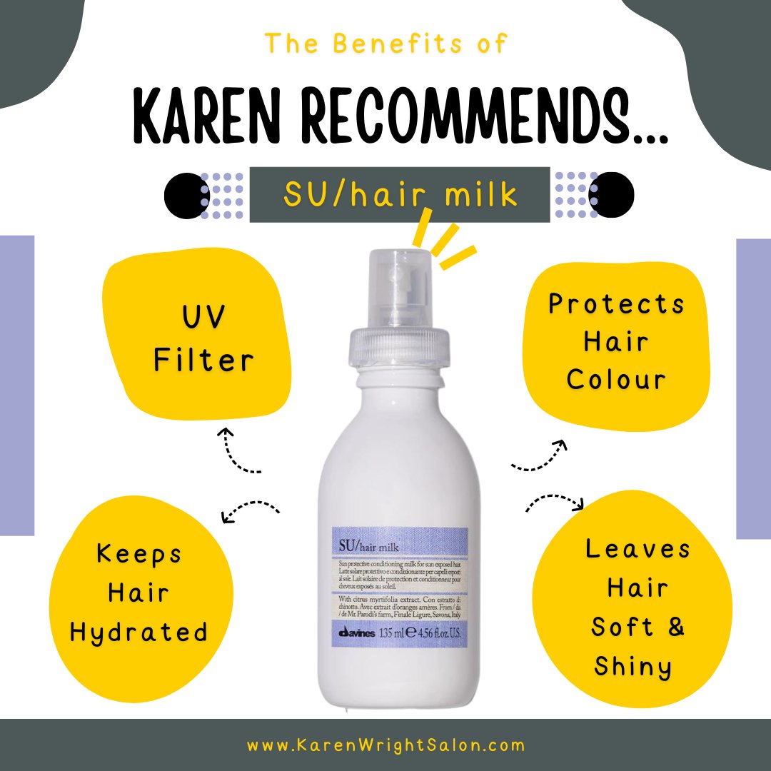 KWrightSalon's tweet photo. KarenRecommends✨  @DavinesUK  SU Hair Milk.  This Leave-on softening milk enriched with UV protective filters protects cosmetic colour and hydrates during sun exposure. It keeps the hair soft, light and combable
.
.
.
#karenwrightsalon #haircare #sunprotection https://t.co/SkAbSP0Uxg