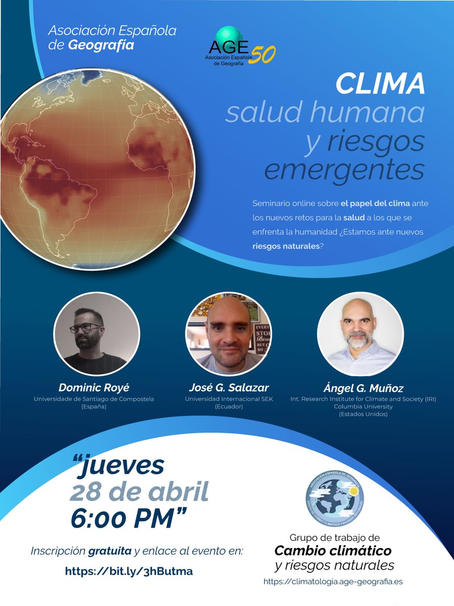 El próximo jueves 28 de abril a las 18:00, se celebrará el seminario online “Clima, salud humana y riesgos emergentes”, organizado por el GT de Cambio Climático y Riesgos Naturales de la @AGE_Oficial
Inscripción gratuita aquí 👉bit.ly/3hButma