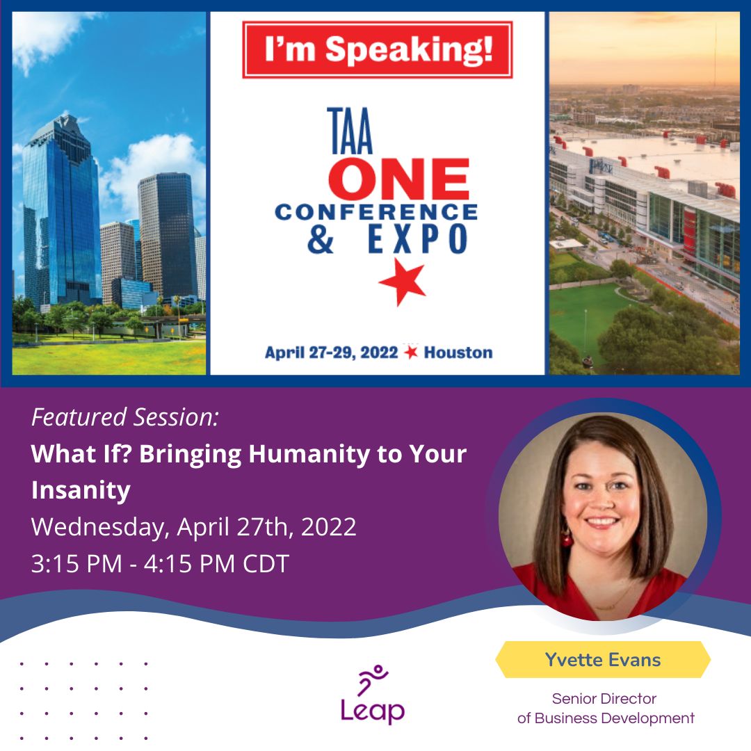 LeapInsurance's tweet photo. It's a BIG week in the #LoneStarState for #TeamLeap!

It's nearly time for the Texas Apartment Association's #TAAOneConference!

On Wednesday, Yvette Evans makes her stage debut speaking with "Bringing Humanity to Your Insanity!" -- Join her at 3:15pm for this insightful session. https://t.co/C71l0BzRFC