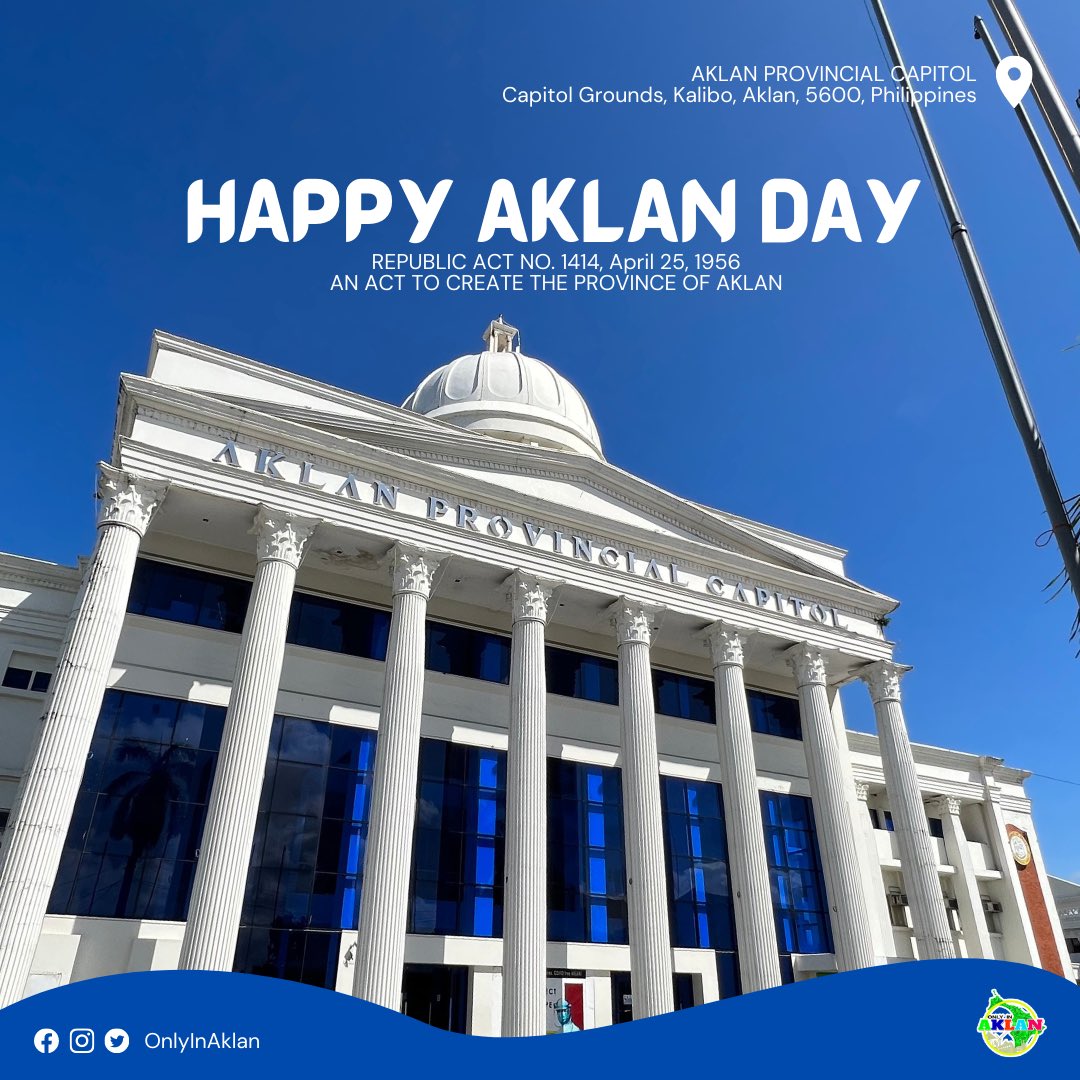 onlyinaklan's tweet photo. HAPPY 66th AKLAN DAY
April 25, 1956 - April 25, 2022

Today we are celebrating Aklan Day - the separation of Aklan from Capiz.

Feel Alive, Feel Aklan! 🎉 Hala Bira! Viva Aklan!

#OnlyInAklan
#FeelAliveFeelAklan
#AklanDay2022 https://t.co/vyIy3ZIkKc