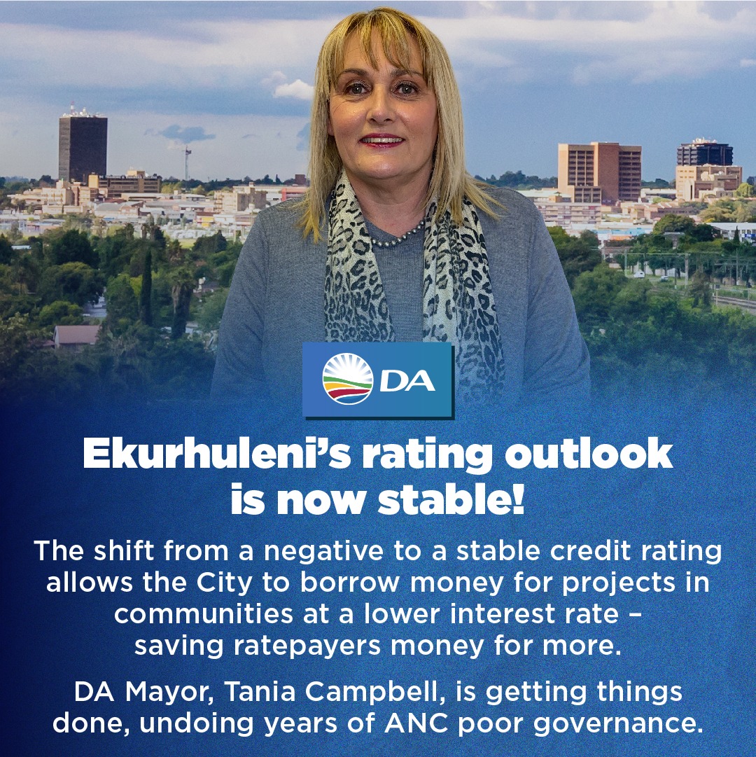 Ekurhuleni’s rating outlook is now stable!
 
A stable credit rating allows the City to borrow money for projects in communities at a lower interest rate - saving ratepayers money for more.

DA Mayor, Tania Campbell, is getting things done, undoing years of ANC poor governance. ✅