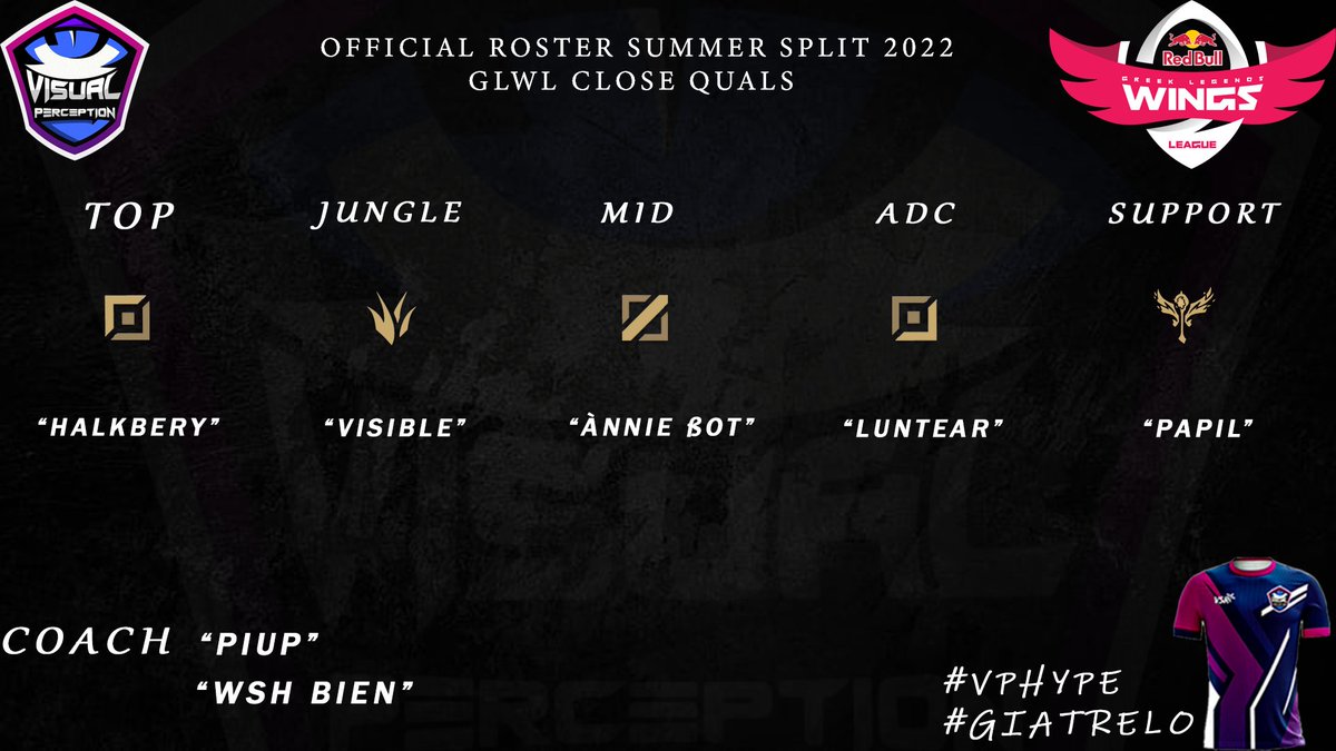 We Are Happy to Announcements the  Official Roster for  Summer Split 2022 Close Quals in GLWL!
#VPHYPE #GIATRELO
<a href="/GRLegends/">Greek Legends League</a>

TOP: 
<a href="/HaklberyfinnTOP/">Haklberyfinn</a>

Jungle: 
<a href="/lolVisible/">Visible</a>

Mid:
<a href="/MarwanFuu/">Ànnie ßot</a>

Adc: 
<a href="/Luntear_lol/">luntear</a>

Support:@Papil444  
Coach: 
<a href="/Coach_Piup/">Piup</a>

@Ar_rthur