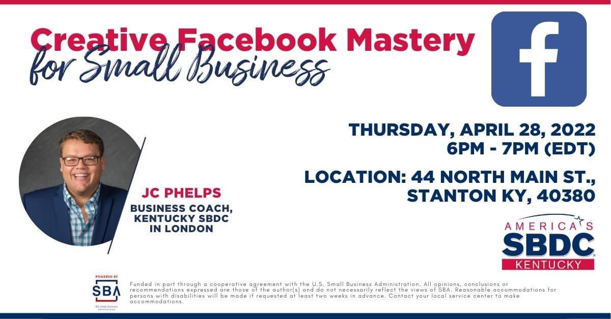 ExploreStanton's tweet photo. Do you want the hottest tips and tricks on how to help your business grow FOR FREE!?
Join us THIS THURSDAY for a FREE Creative Facebook Mastery Class, taught by JC Phelps from Kentucky Small Business Development Center
RSVP here:
https://t.co/UC59qrZC8G
#Exit22
#ExploreStanton https://t.co/hItztvAU7F